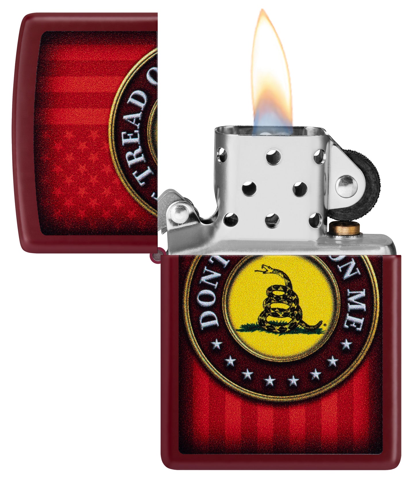 Zippo Dont Tread on Me® Merlot Windproof Lighter with its lid open and lit.