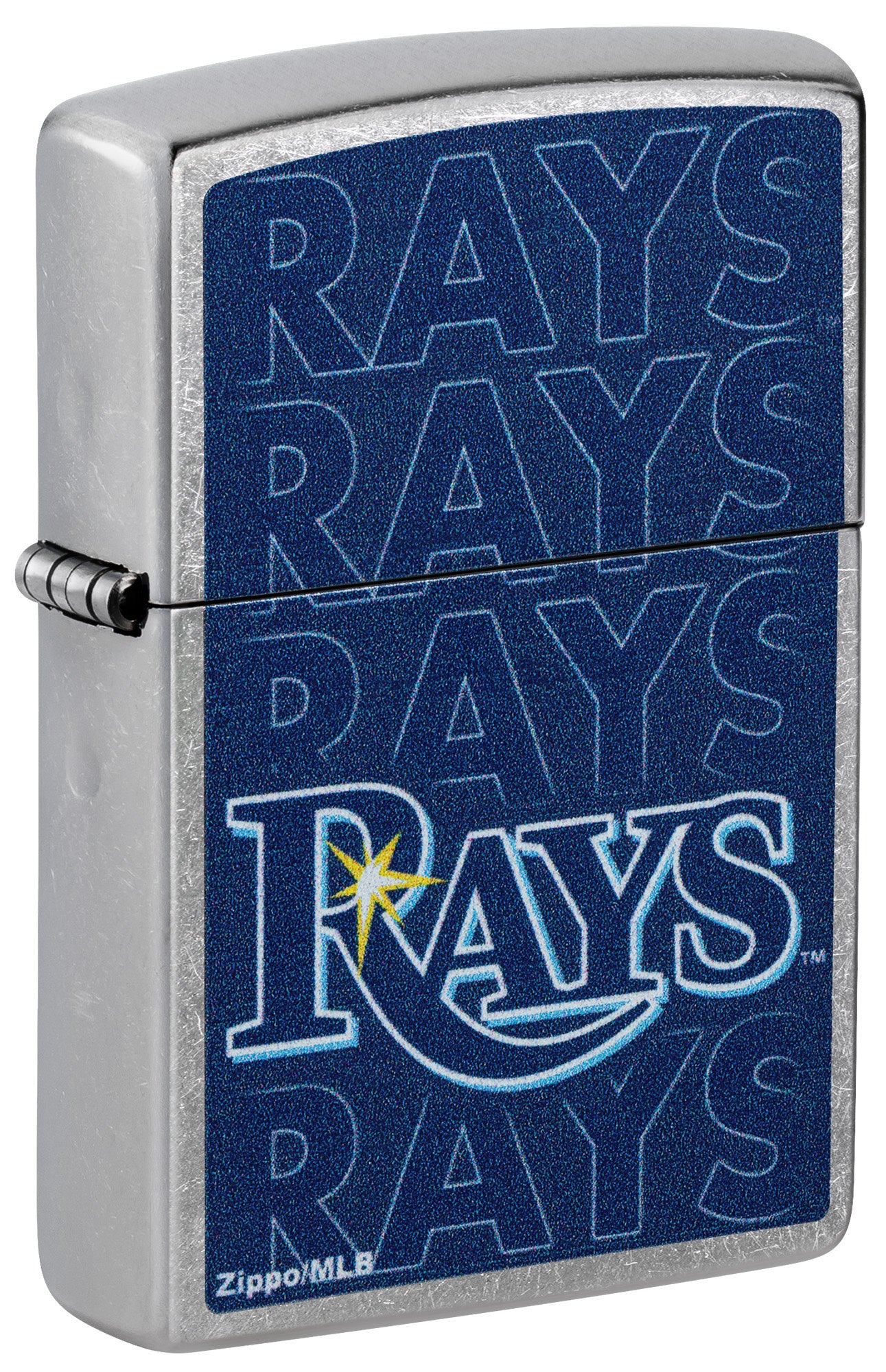 Front shot of Zippo MLB® Tampa Bay Rays Street Chrome Windproof Lighter standing at a 3/4 angle.