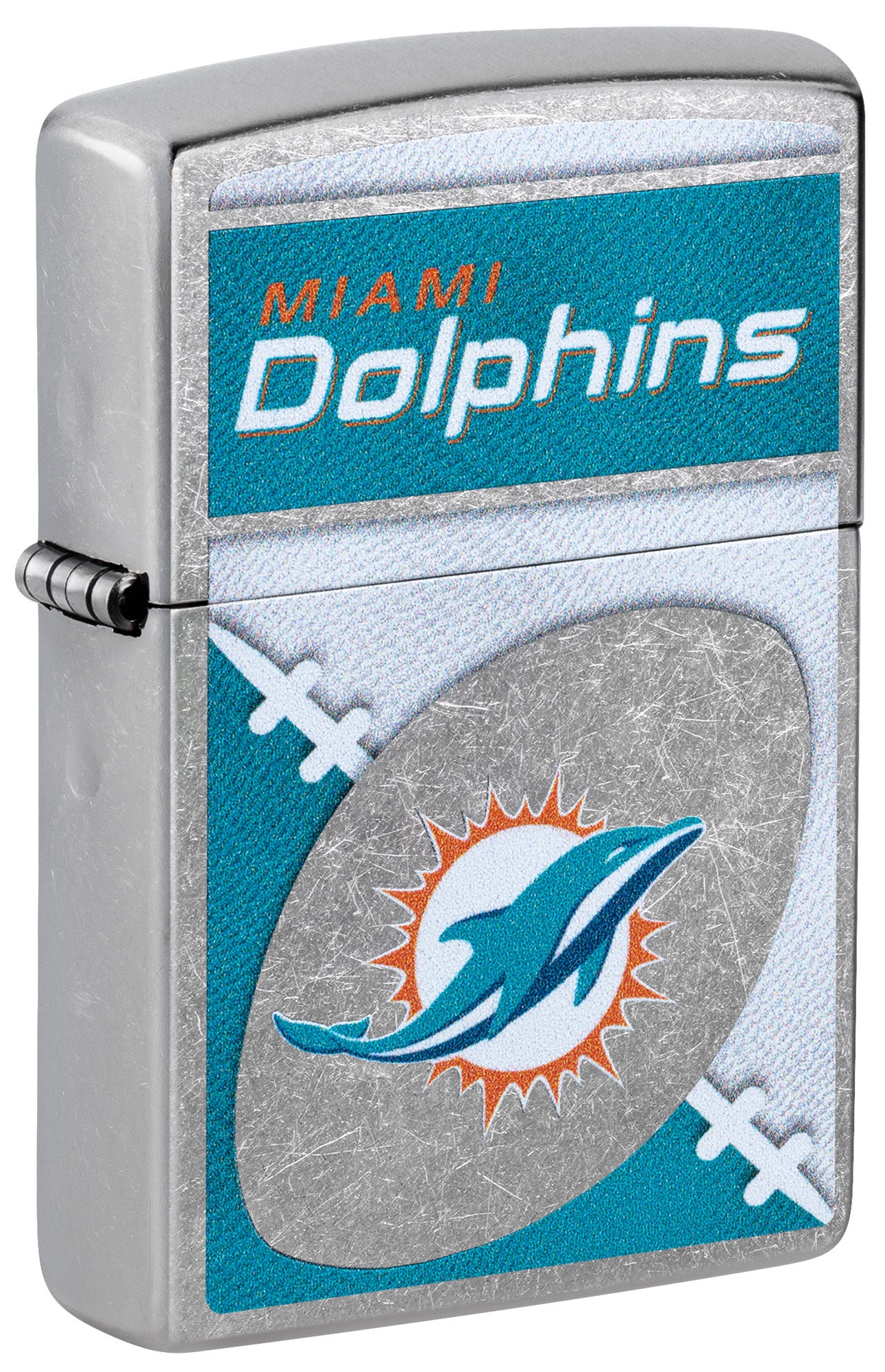 Front shot of Zippo NFL Miami Dolphins Street Chrome Windproof Lighter standing at a 3/4 angle.