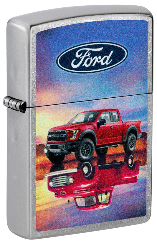 Front shot of Zippo Ford F-Series Design Street Chrome Windproof Lighter standing at a 3/4 angle.