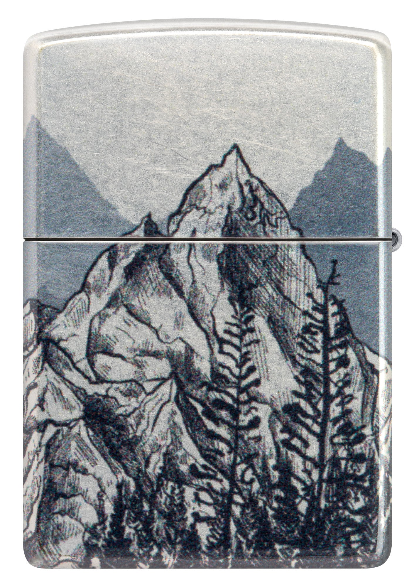 Back view of Zippo Mountain Sketch Design 540 Tumbled Chrome Windproof Lighter.