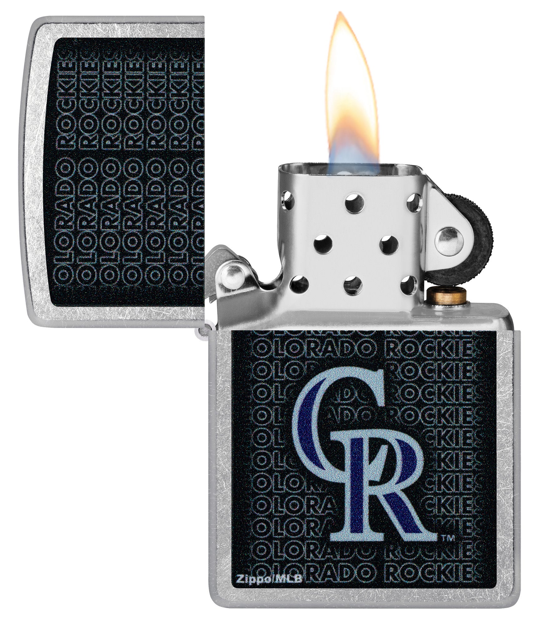 Zippo MLB® Colorado Rockies Street Chrome Windproof Lighter with its lid open and lit.