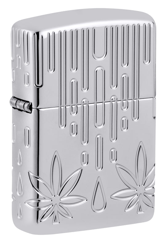 Front shot of Zippo Waxy Leaf Design Armor® High Polish Chrome Windproof Lighter standing at a 3/4 angle.