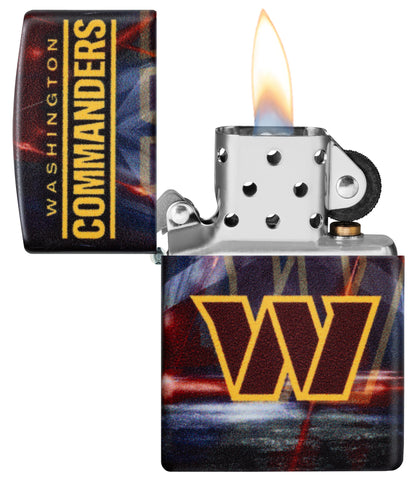 Zippo NFL Washington Commanders 540 Matte Windproof Lighter with its lid open and lit.