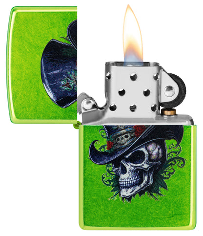 Zippo Steampunk Skeleton Design Lurid Windproof Lighter with its lid open and lit.