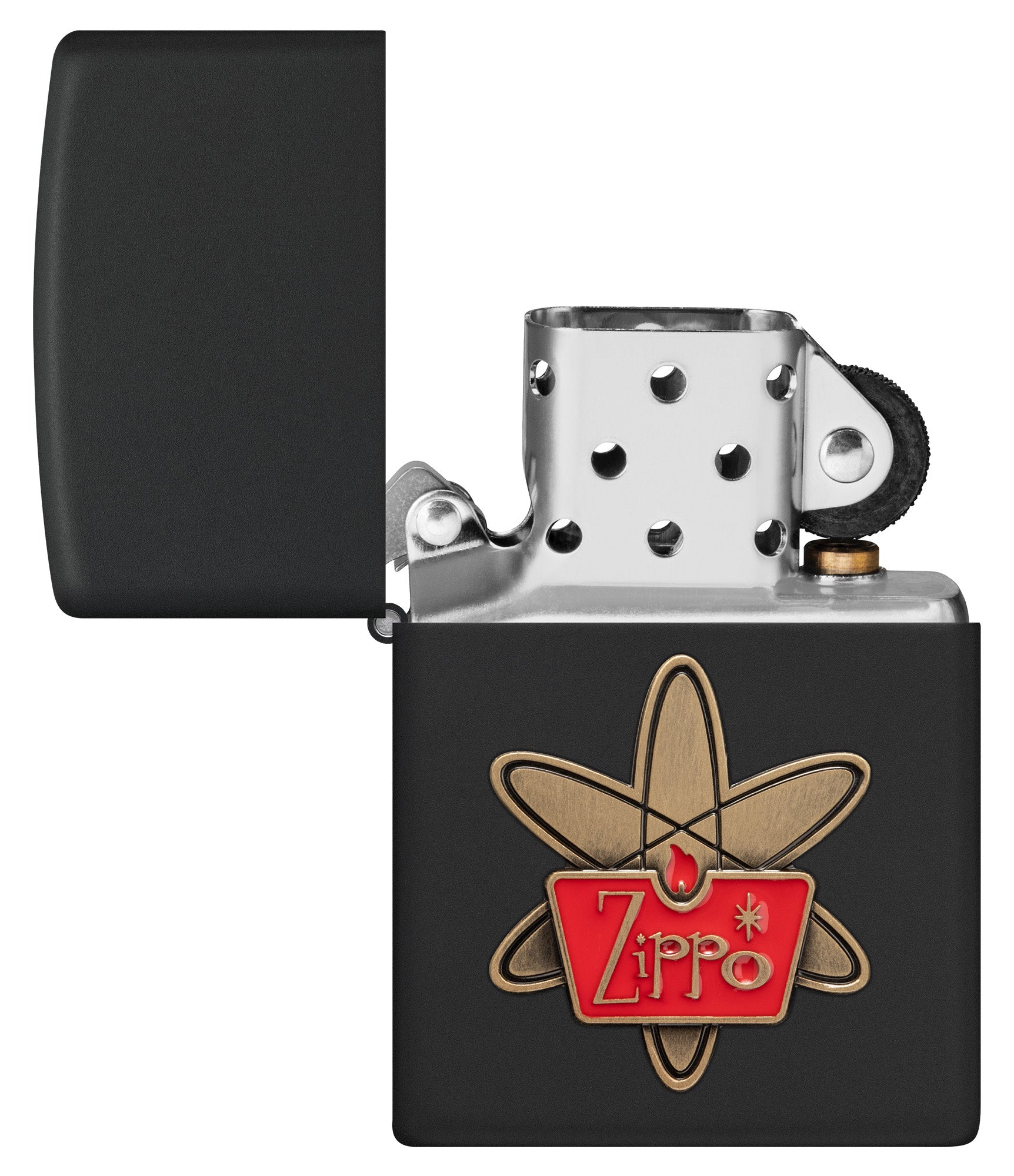 Zippo Atomic Zippo Design Black Matte Windproof Lighter with its lid open and unlit.