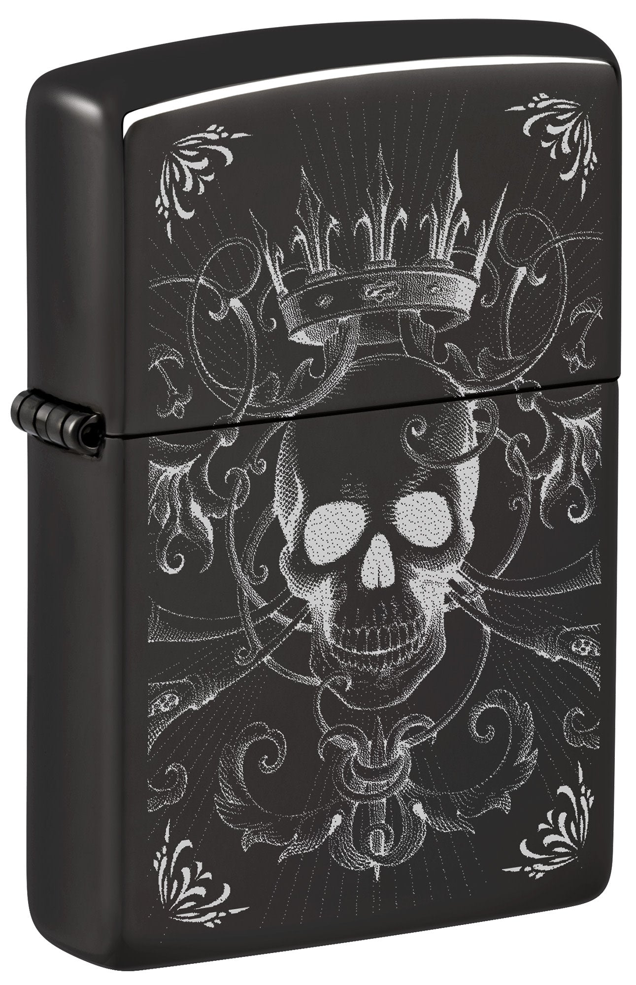 Front shot of Zippo Royal Skull Design High Polish Black Windproof Lighter standing at a 3/4 angle.