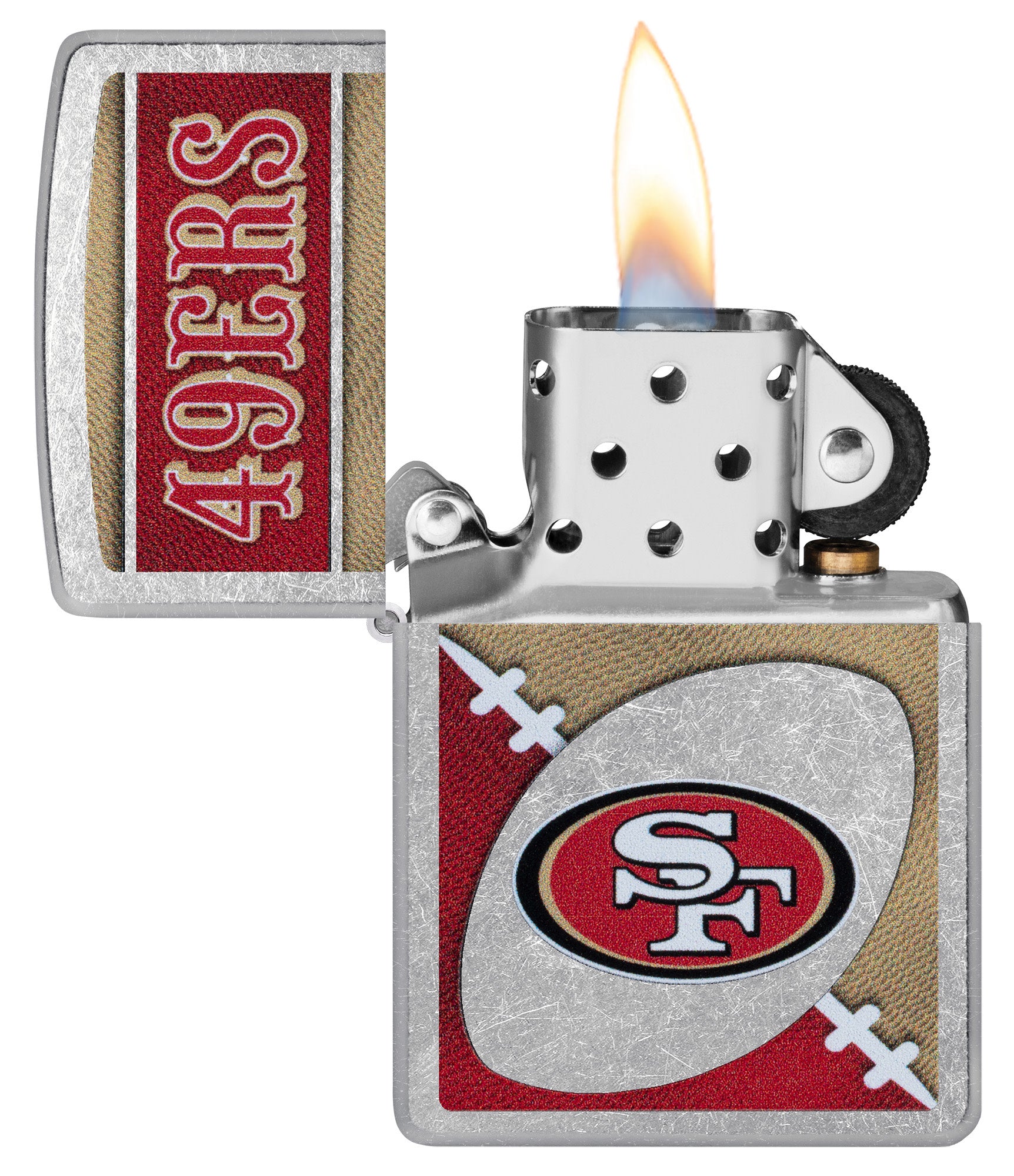 Zippo NFL San Francisco 49ers Street Chrome Windproof Lighter with its lid open and lit.