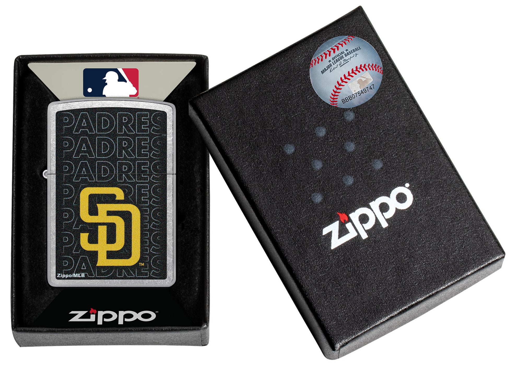 Zippo MLB® San Diego Padres Street Chrome Windproof Lighter in its packaging.