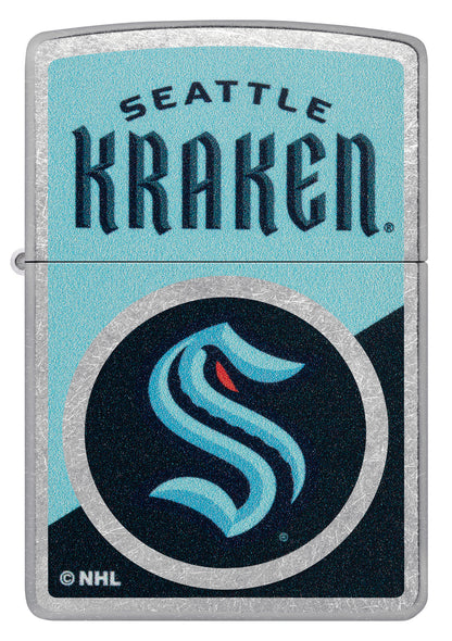 Zippo NHL® Seattle Kraken® 2024 Street Chrome™ Windproof Lighter with its lid open and lit.