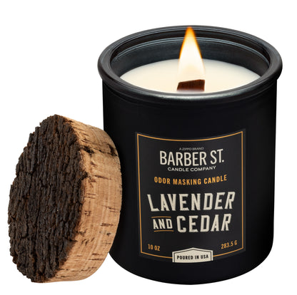 Front shot of Zippo Barber Street Lavender and Cedar Odor Masking Candle, lit.