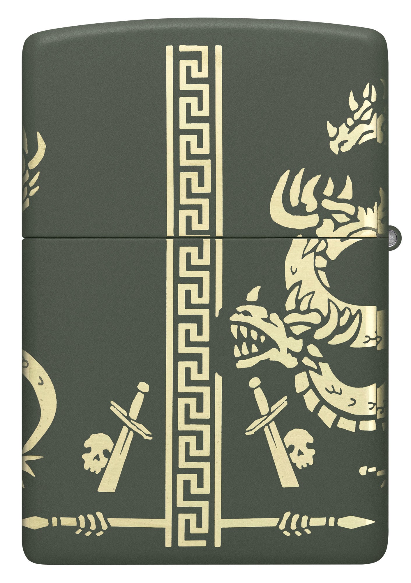 Back shot of Zippo Dragon Design Green Matte Windproof Lighter.