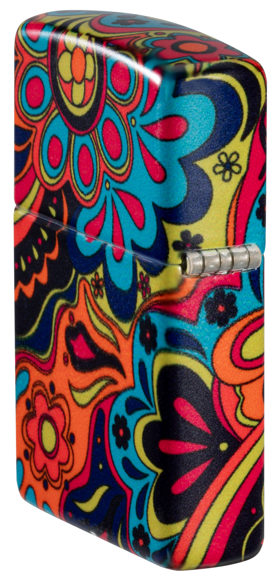 Angled shot of Zippo Flower Power Design 540 Matte Windproof Lighter showing the back and hinge side of the lighter.