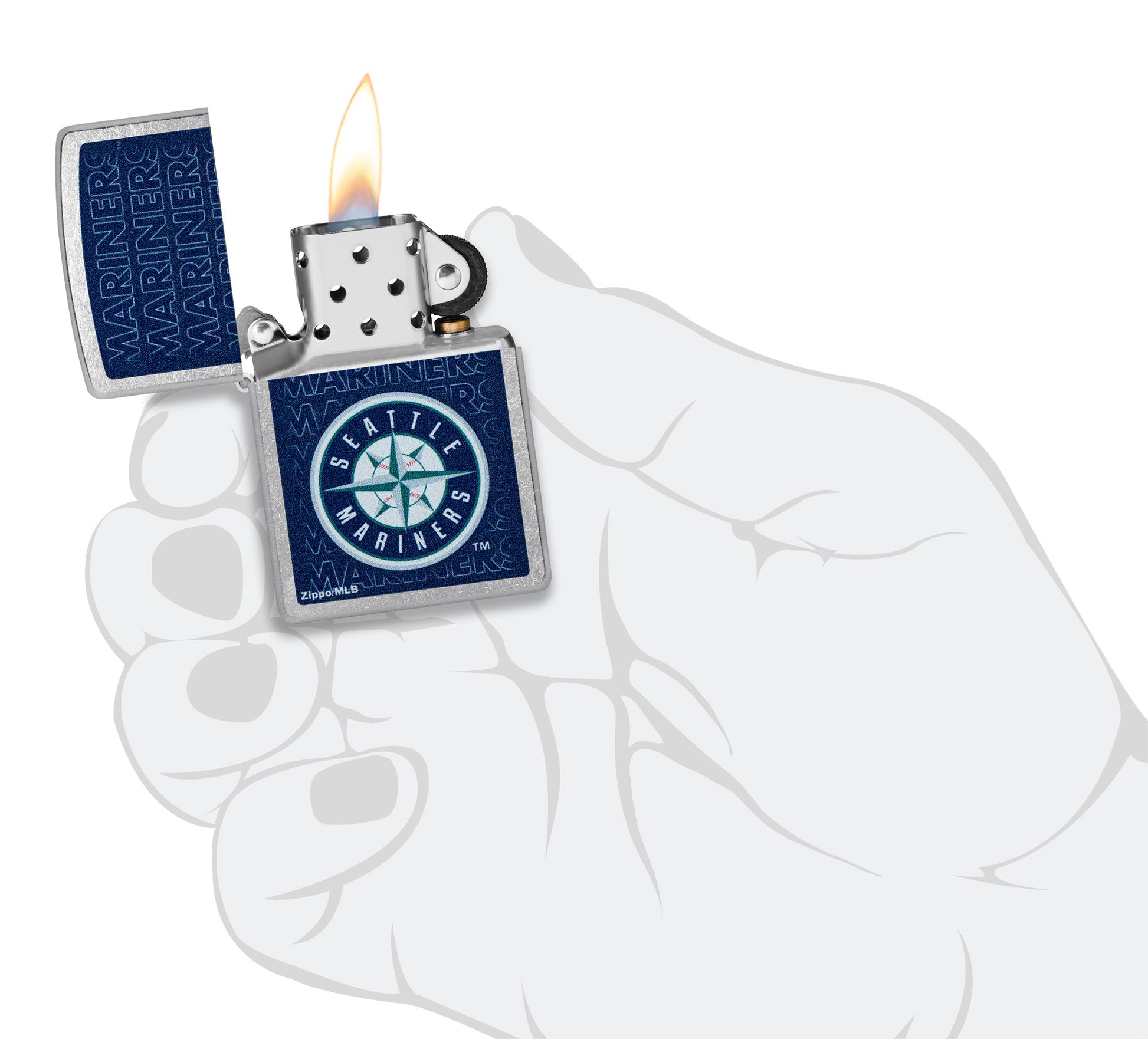 Zippo MLB® Seattle Mariners Street Chrome Windproof Lighter lit in hand.