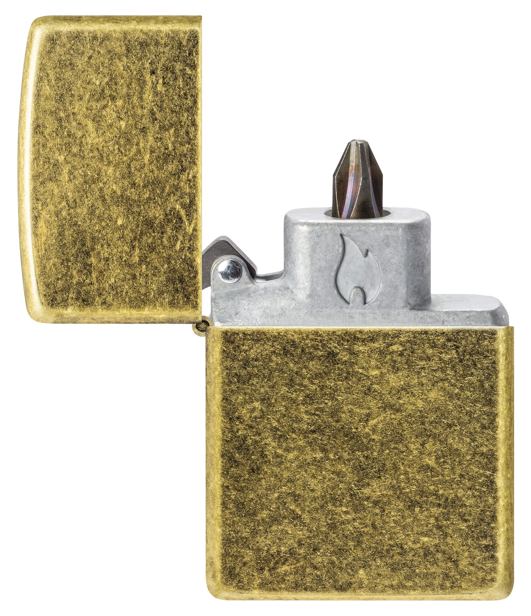 Zippo Classic Antique Brass Windproof Lighter with its lid open and showing the Bit Safe Screwdriver USA. 