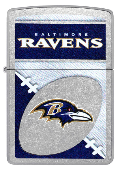 Front view of Zippo NFL Baltimore Ravens Street Chrome Windproof Lighter.