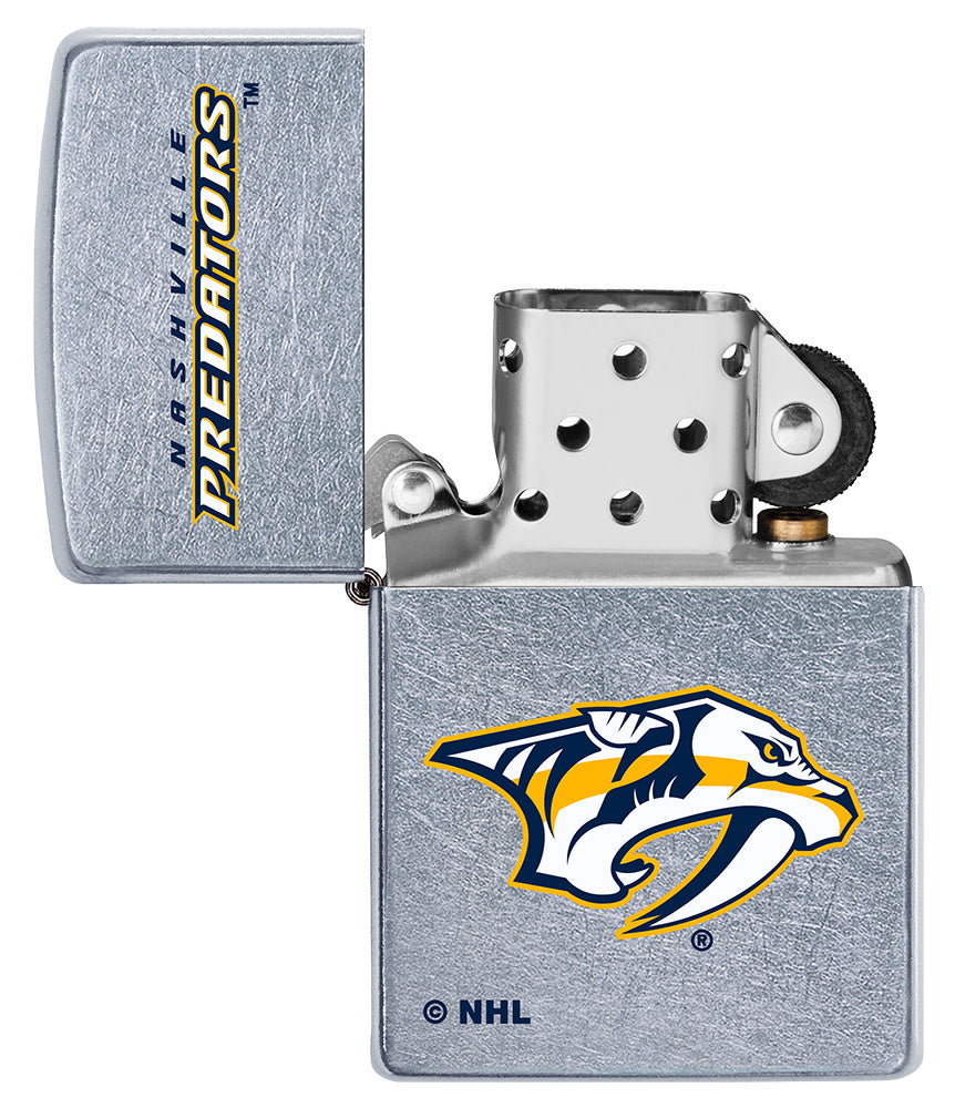 NHL Nashville Predators Street Chrome™ Windproof Lighter with its lid open and unlit