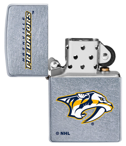 NHL Nashville Predators Street Chrome™ Windproof Lighter with its lid open and unlit