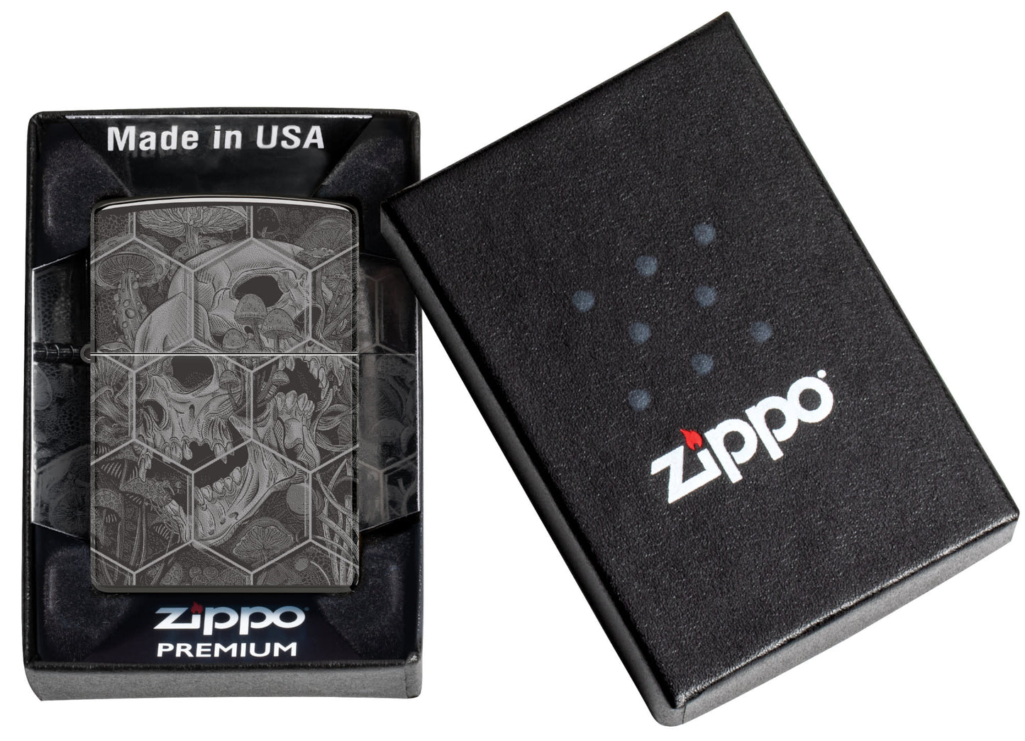 Zippo Mushroom Skulls Design High Polish Black Windproof Lighter in its packaging.