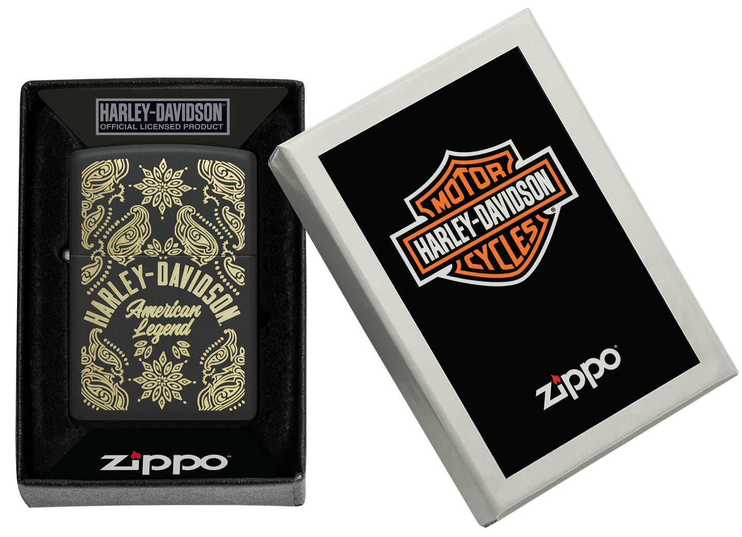 Zippo Harley-Davidson® American Legend Black Matte Windproof Lighter in its packaging.