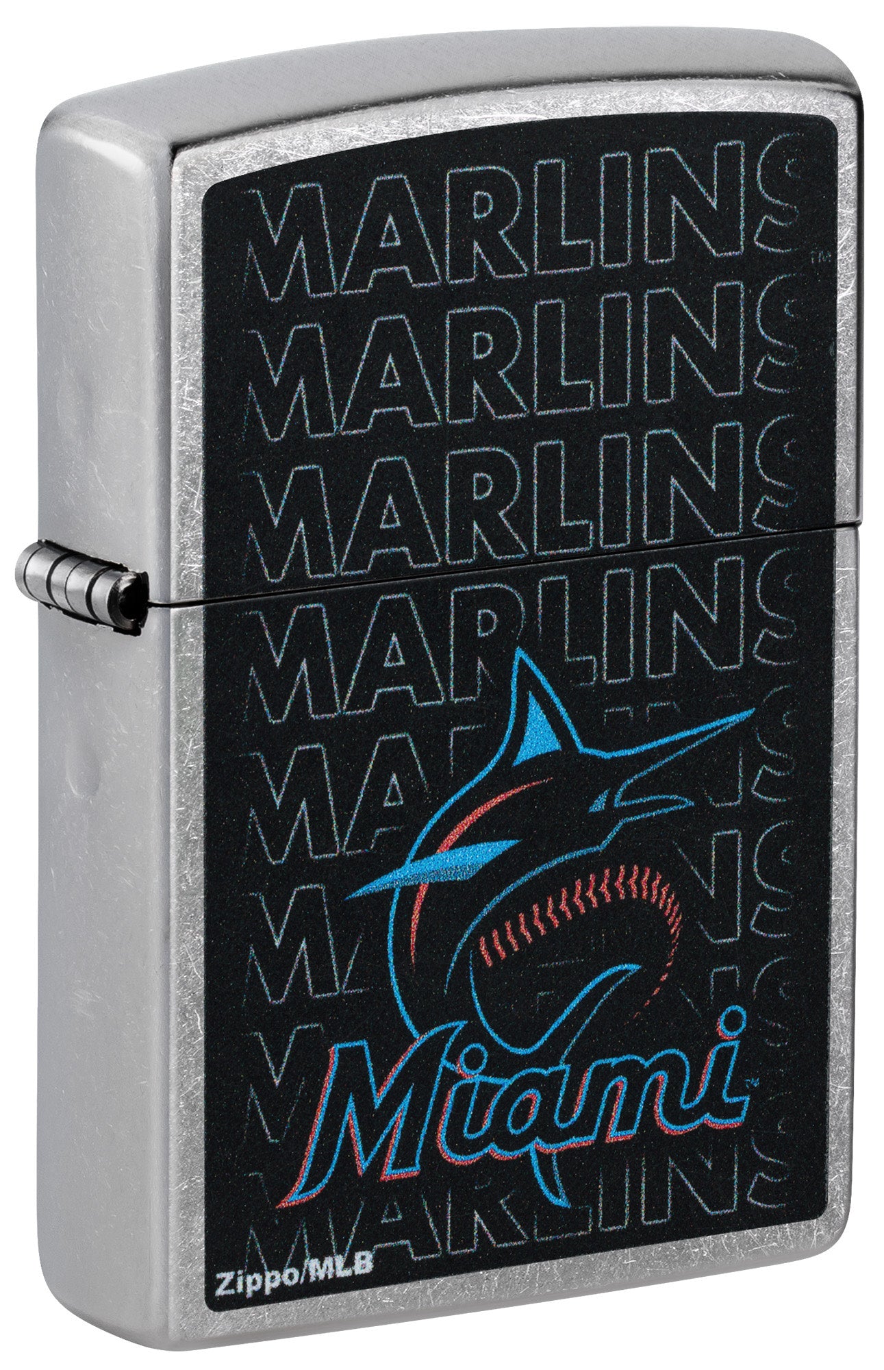 Front shot of Zippo MLB® Miami Marlins Street Chrome Windproof Lighter standing at a 3/4 angle.