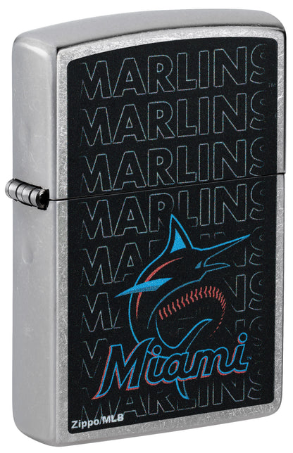 Front shot of Zippo MLB® Miami Marlins Street Chrome Windproof Lighter standing at a 3/4 angle.