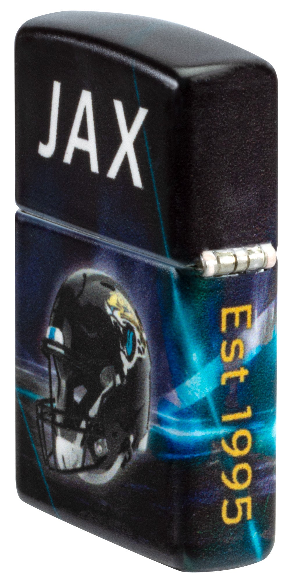 Angled shot of Zippo NFL Jacksonville Jaguars 540 Matte Windproof Lighter showing the back and hinge sides of the lighter.