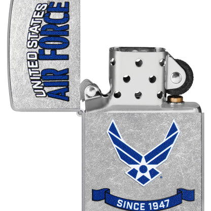 Zippo U.S. Air Force™ Banner Design Street Chrome Windproof Lighter with its lid open and unlit.