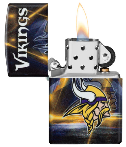 Zippo NFL Minnesota Vikings 540 Matte Windproof Lighter with its lid open and lit.