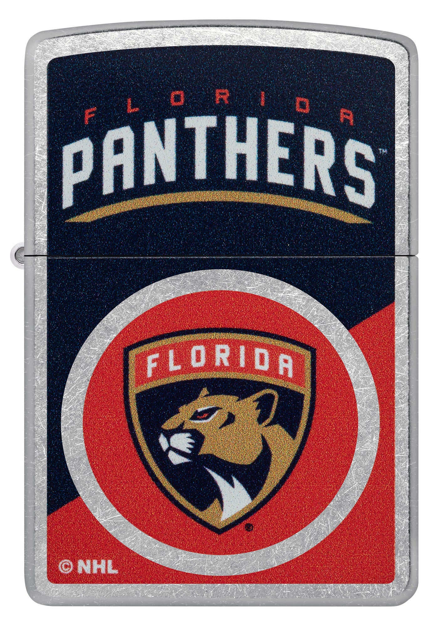 Zippo NHL® Florida Panthers® 2024 Street Chrome™ Windproof Lighter with its lid open and lit.