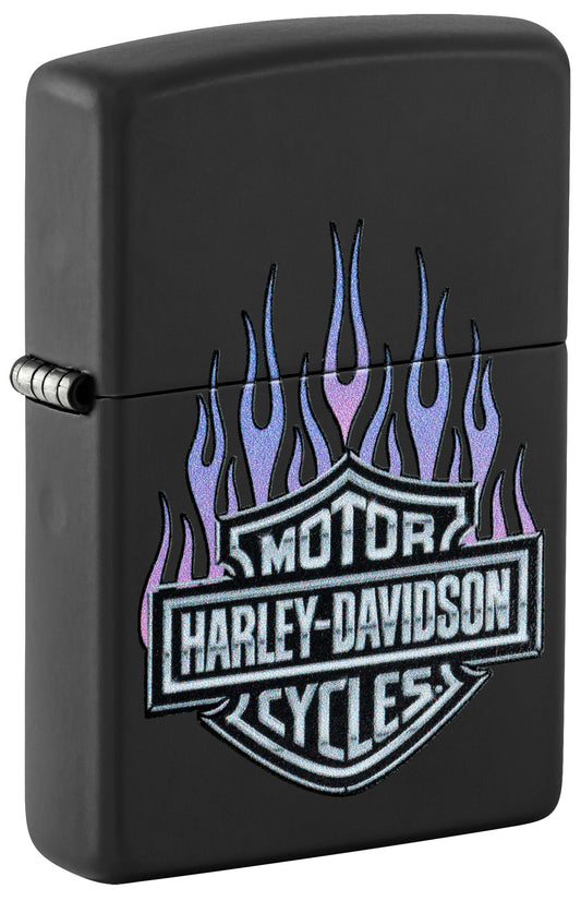 Front shot of Zippo Harley Davidson® Flames Black Matte Windproof Lighter standing at a 3/4 angle.