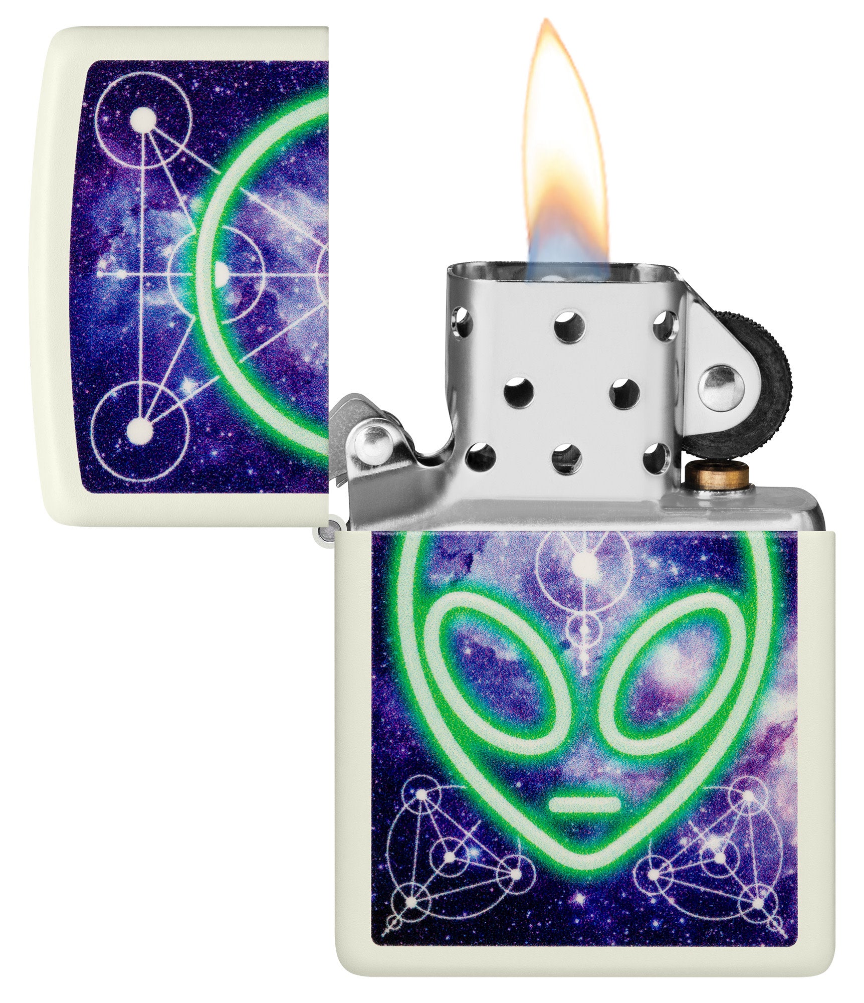 Zippo Glowing Alien Design Glow in the Dark Windproof Lighter with its lid open and lit.