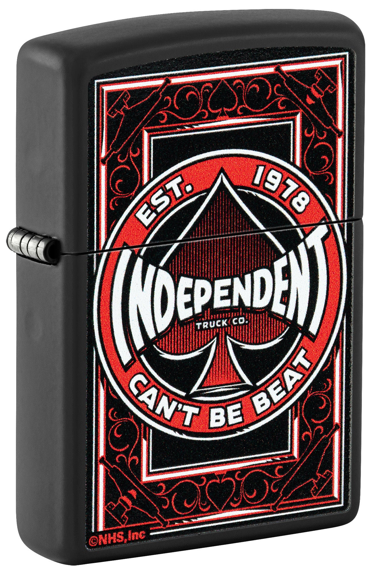 Front shot of Zippo Independent Trucks Design Black Matte Windproof Lighter standing at a 3/4 angle.