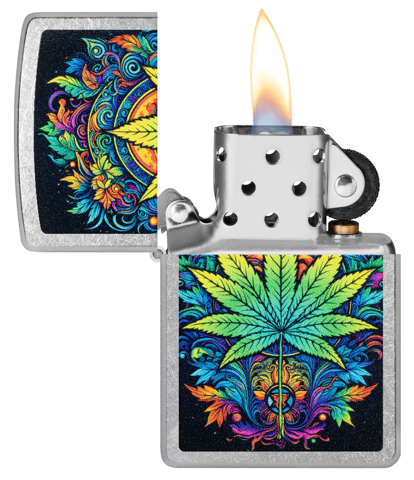 Zippo Captivating Cannabis Design Street Chrome Windproof Lighter with its lid open and lit.