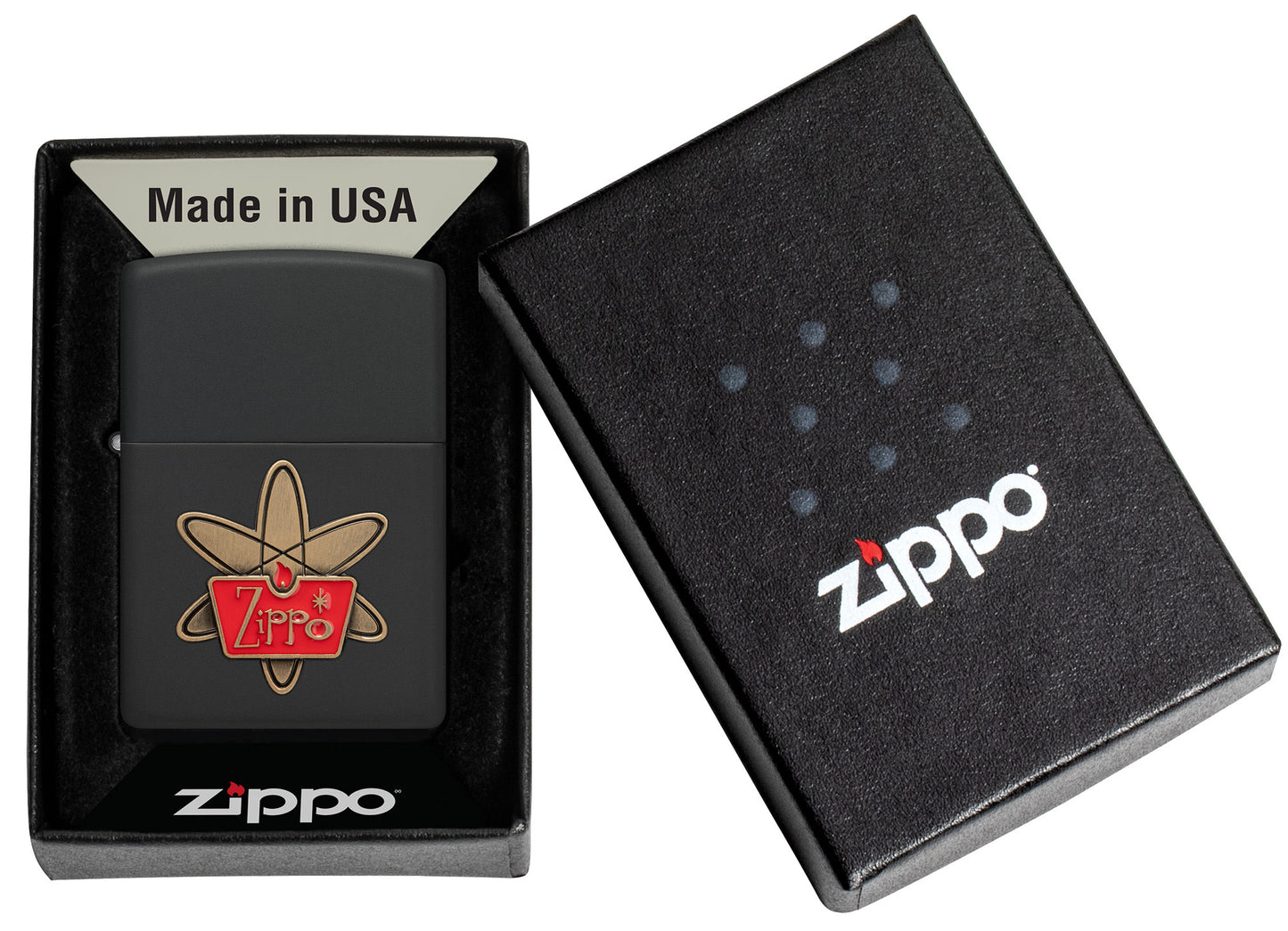 Zippo Atomic Zippo Design Black Matte Windproof Lighter in its packaging.