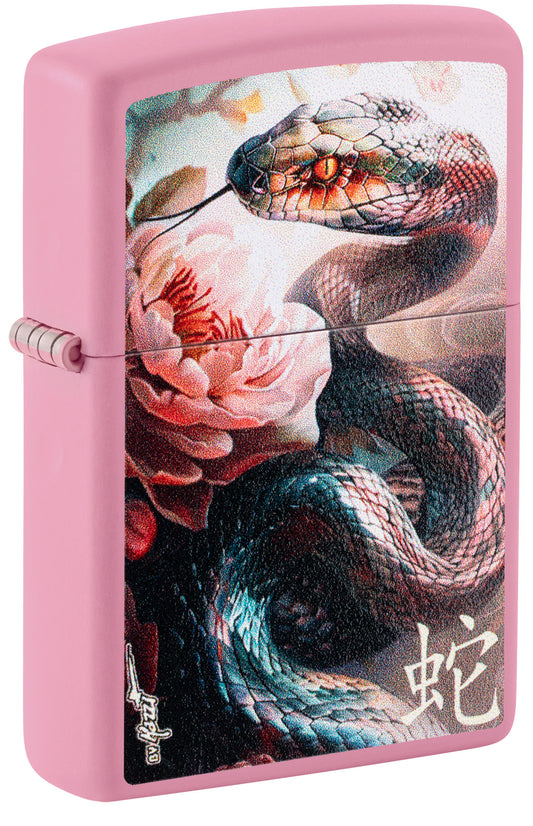 Front shot of Zippo Mazzi® Snake and Flower Design Pink Matte Windproof Lighter standing at a 3/4 angle.