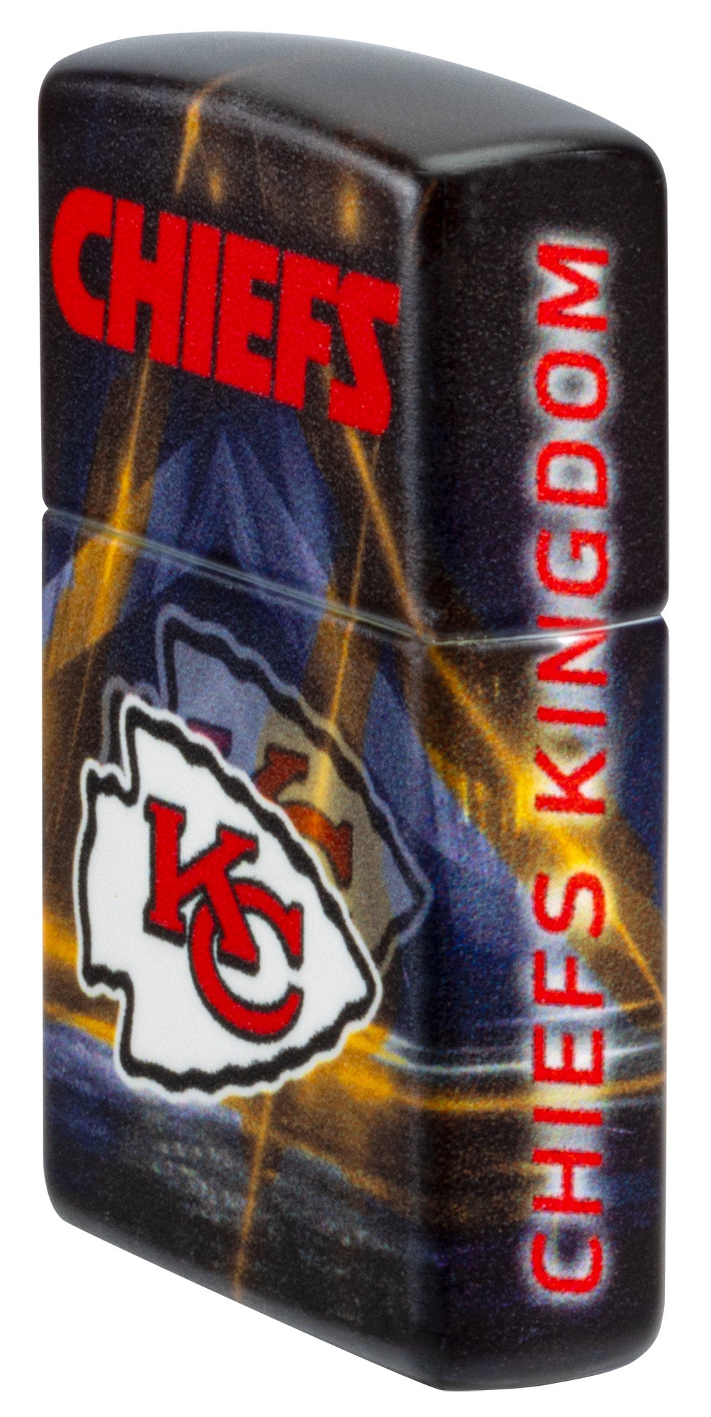 Angled shot of Zippo NFL Kansas City Chiefs 540 Matte Windproof Lighter showing the front and right sides of the lighter.