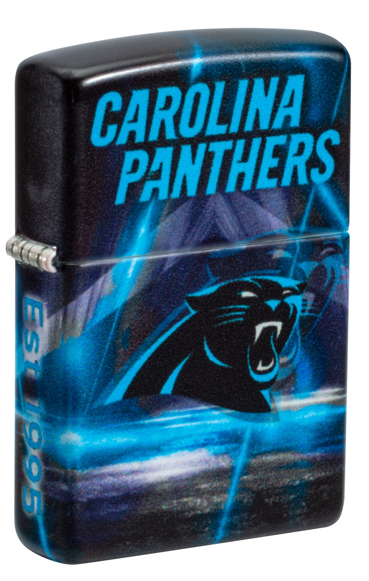 Front shot of Zippo NFL Carolina Panthers 540 Matte Windproof Lighter standing at a 3/4 angle.