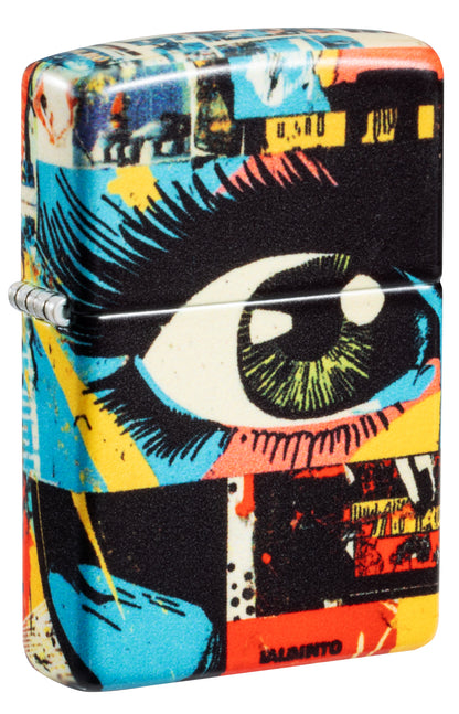 Front shot of Zippo Eye See You Design 540 Matte Windproof Lighter standing at a 3/4 angle.