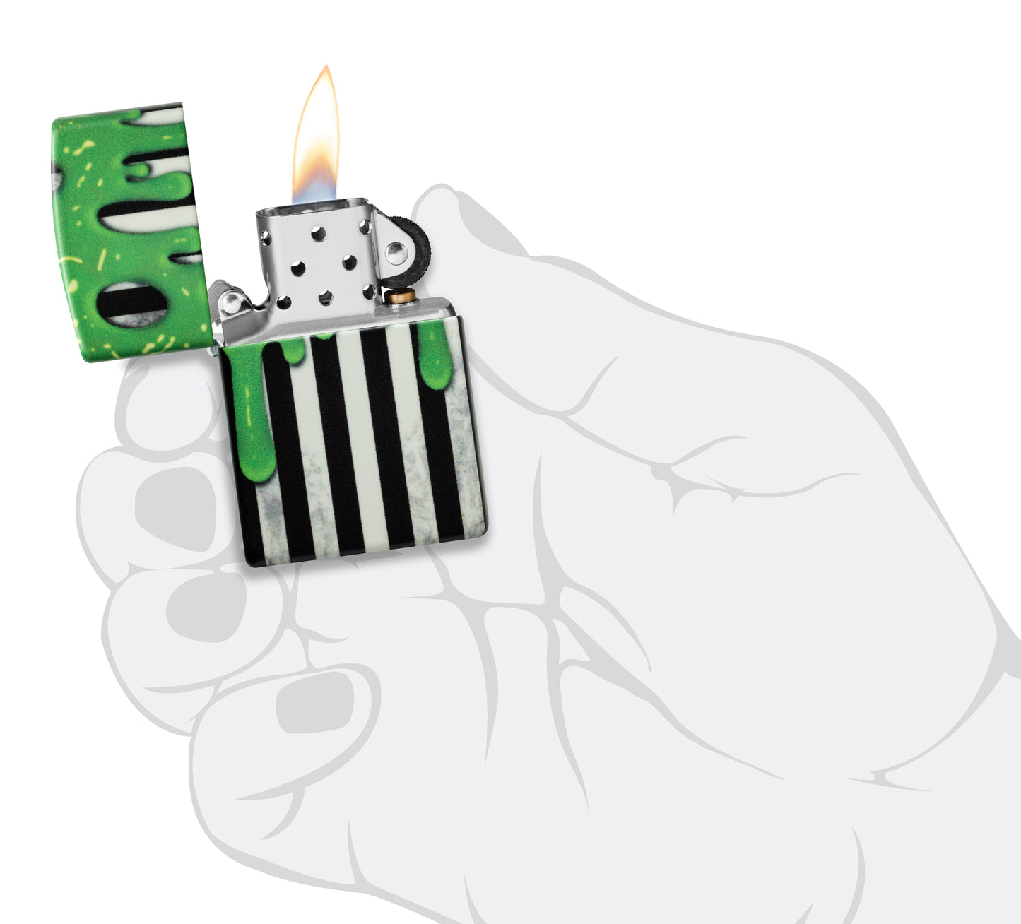 Zippo Glowing Goo Design Glow-in-the-Dark Green Windproof Lighter lit in hand.