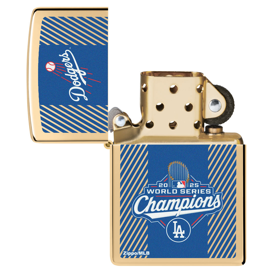 Zippo 2025 World Series™ Champions Commemorative High Polish Brass Windproof Lighter with its lid open and unlit.
