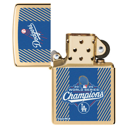 Zippo 2025 World Series™ Champions Commemorative High Polish Brass Windproof Lighter with its lid open and unlit.