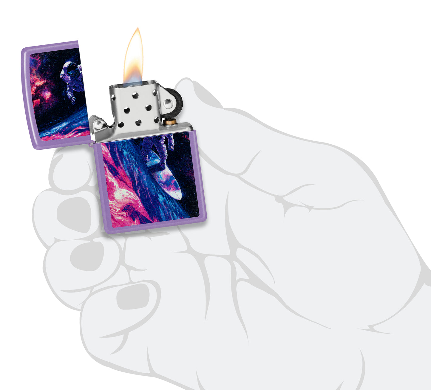 Zippo Star Surfer Design Smoky Lavender Windproof Lighter lit in hand.