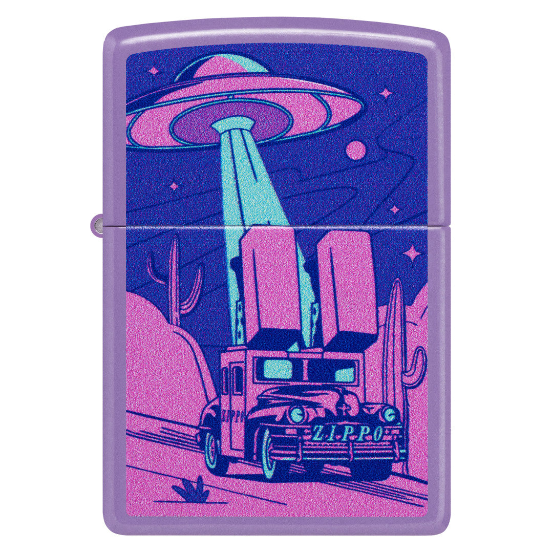 Front view of Zippo Car Chase Design Smoky Lavender Windproof Lighter.