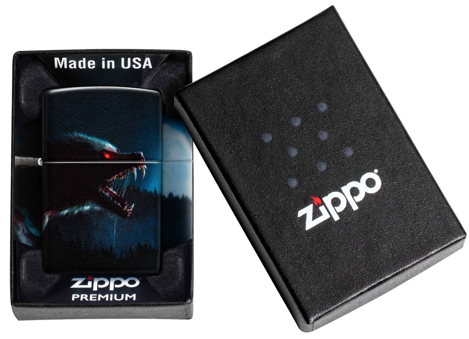 Zippo Horror Wolf 540 Matte Windproof Lighter in its packaging.