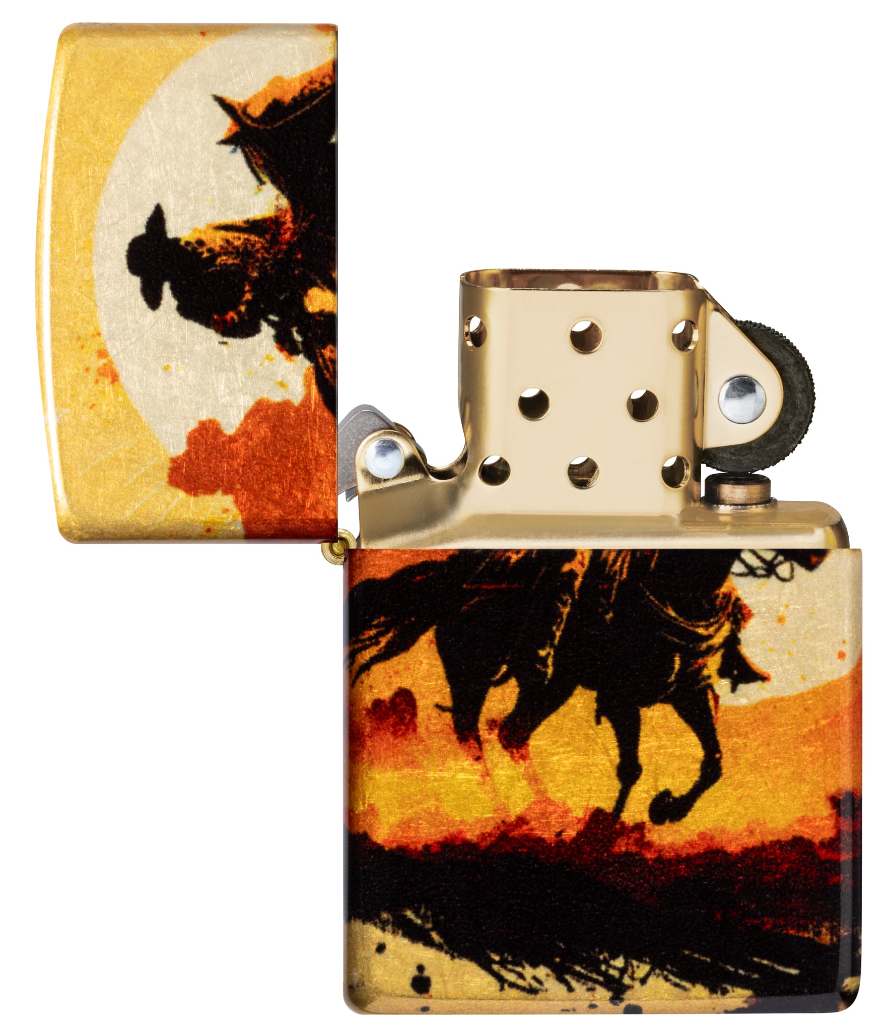 Zippo Racing Wrangler Design 540 Tumbled Brass Windproof Lighter with its lid open and unlit.