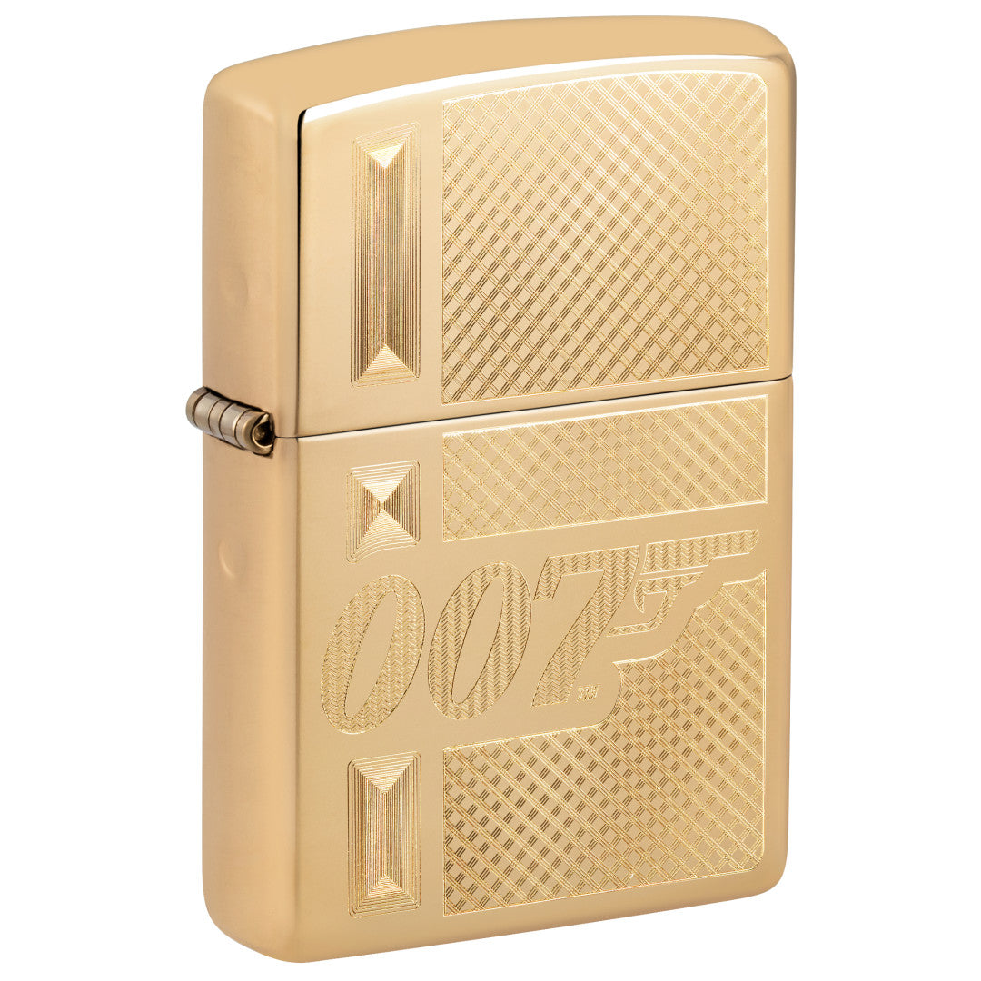 Front shot of Zippo James Bond 007™ Gingham Design High Polish Brass Windproof Lighter standing at a 3/4 angle.