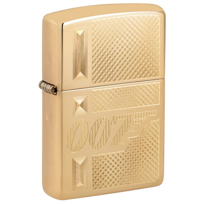 Front shot of Zippo James Bond 007™ Gingham Design High Polish Brass Windproof Lighter standing at a 3/4 angle.