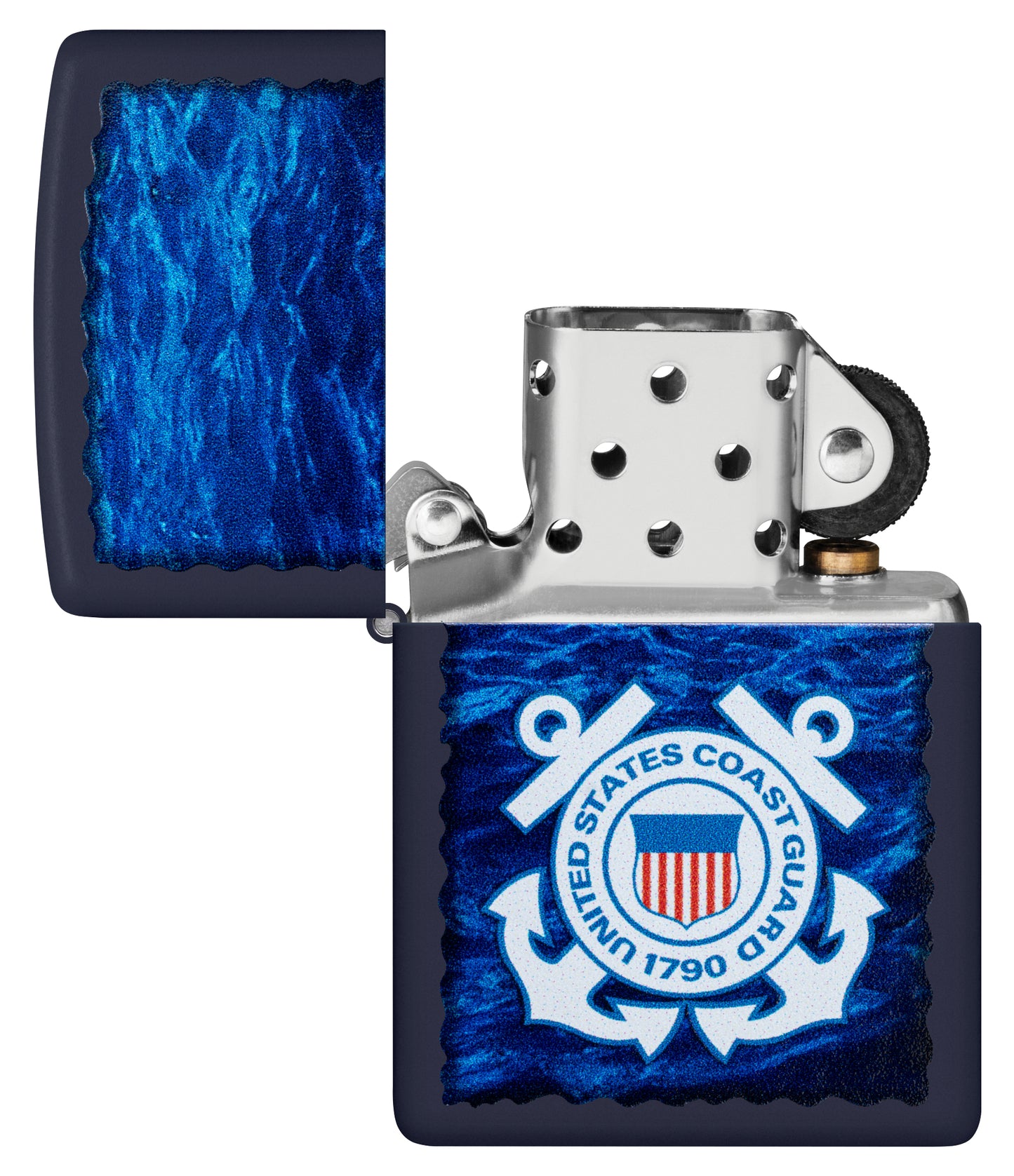 Zippo U.S. Coast Guard Waves Design Navy Matte Windproof Lighter with its lid open and unlit.