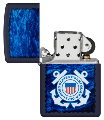 Zippo U.S. Coast Guard Waves Design Navy Matte Windproof Lighter with its lid open and unlit.